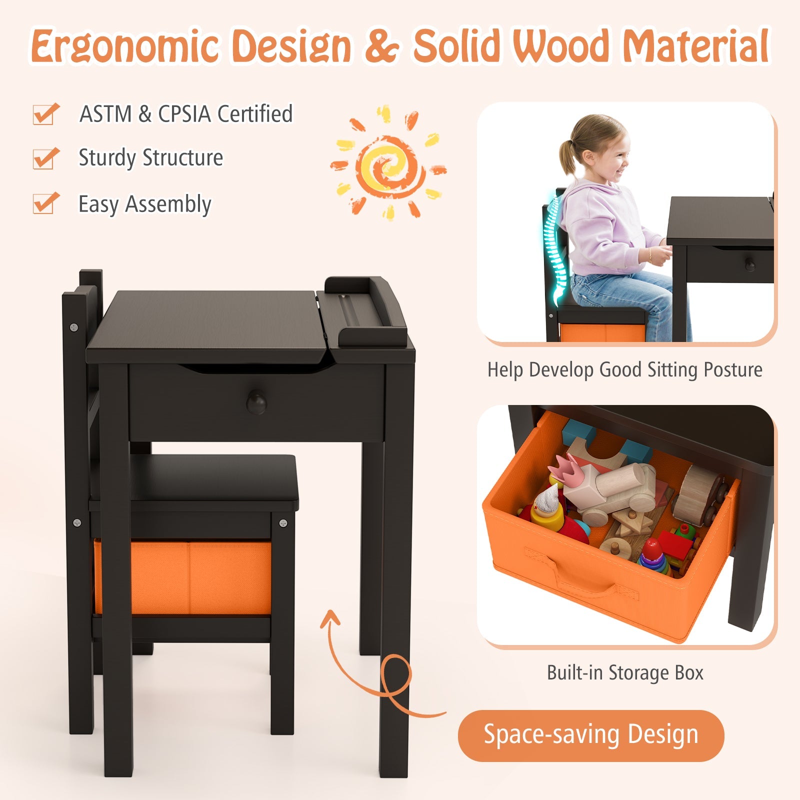 Wood Activity Kids Table and Chair Set with Storage Space