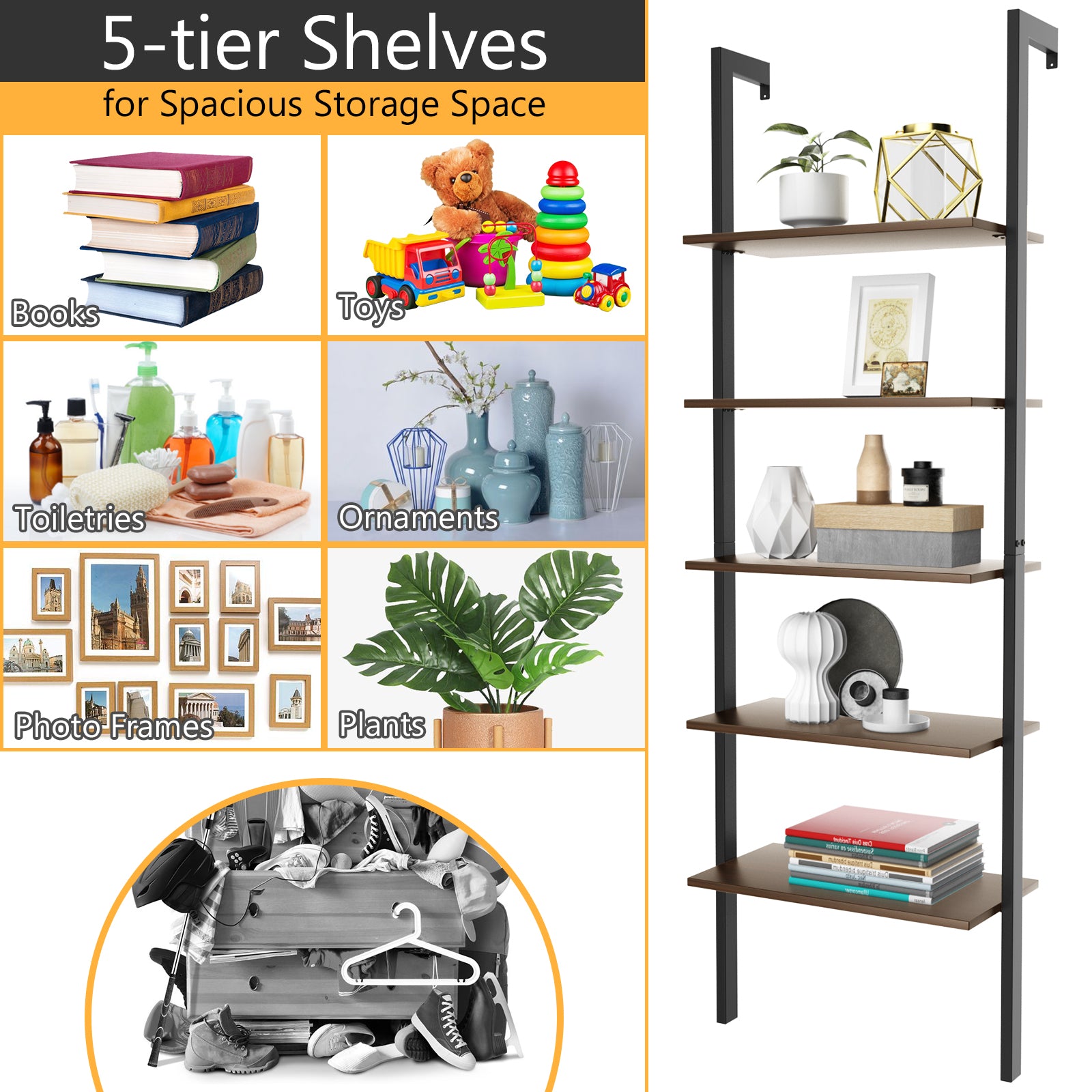 5-Tier Wood Look Ladder Shelf with Metal Frame for Home