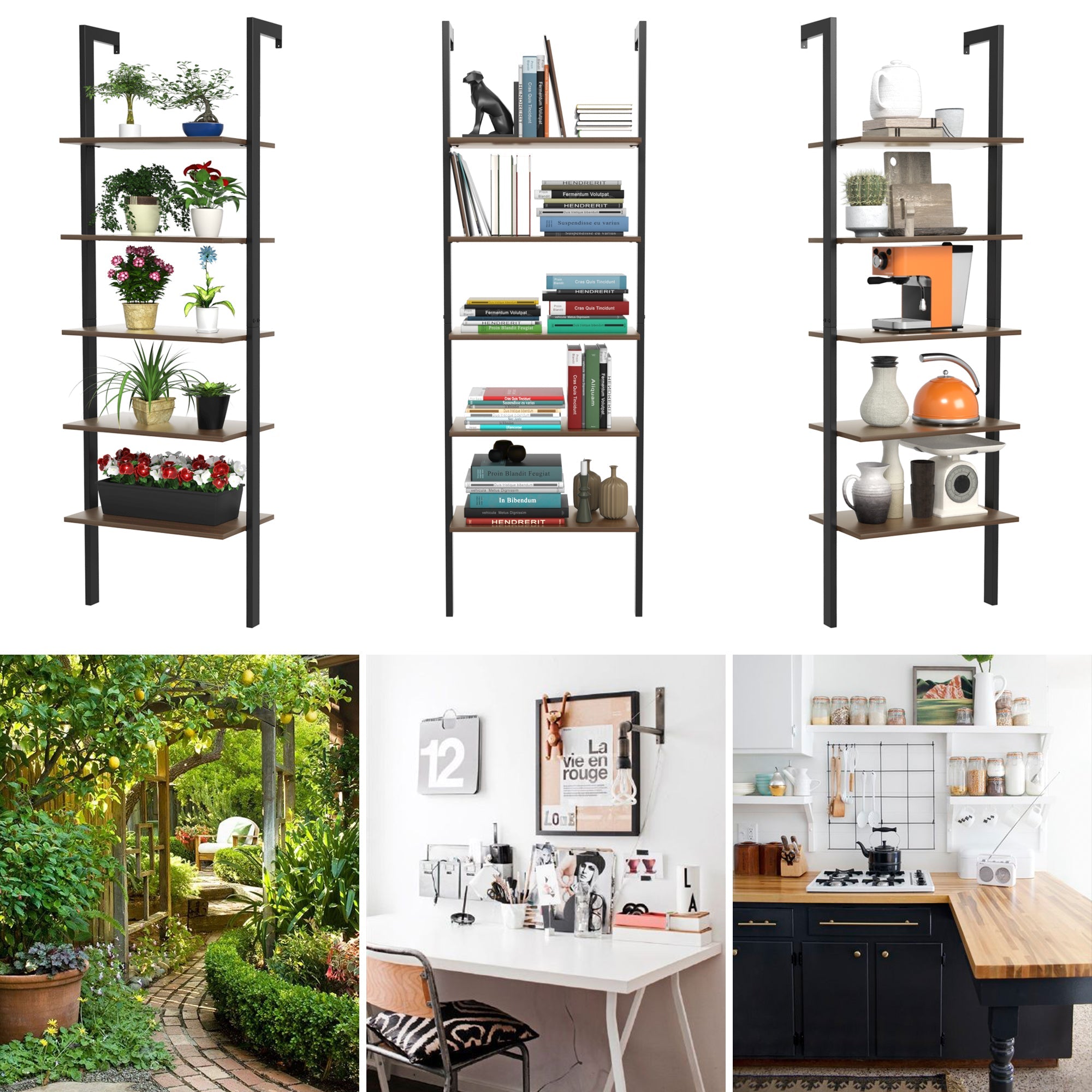 5-Tier Wood Look Ladder Shelf with Metal Frame for Home
