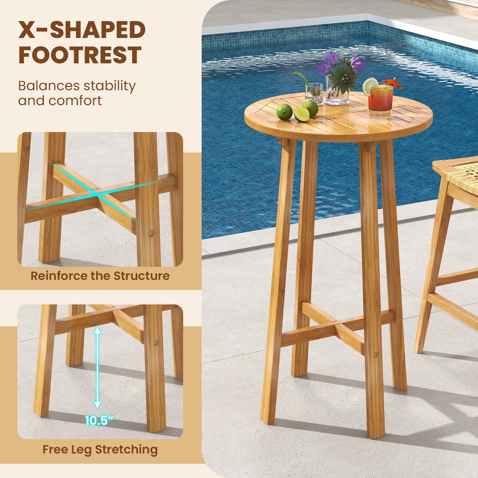 24 Inch Teak Wood Round Bar Table with Footrest for Indoors Outdoors