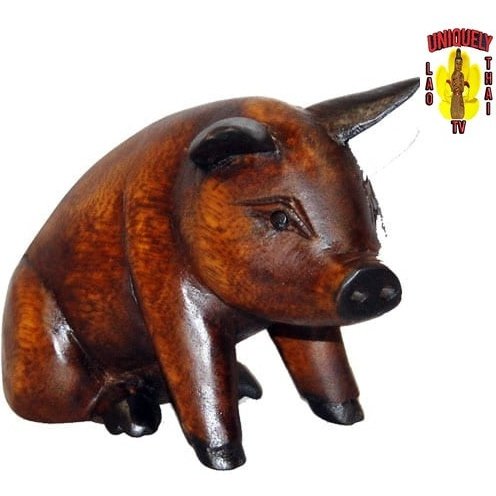 Carved Wooden Sitting Pig 7" Tall