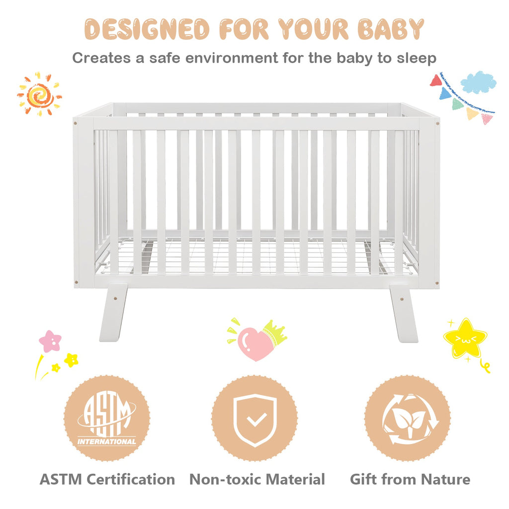 Rubber Wood Baby Crib with Adjustable Mattress Heights and Guardrails-White