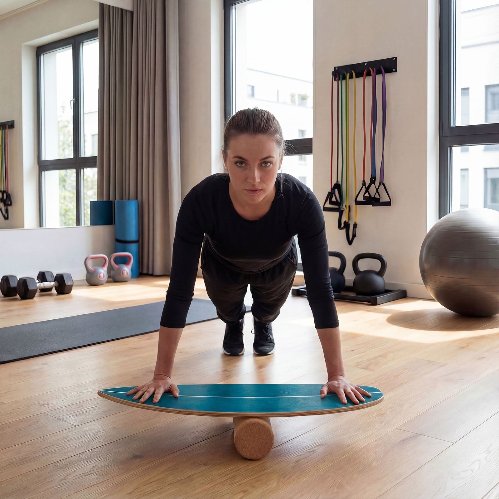 Wooden Balancing Board with Cork Roller and Storage Rack to Exercise