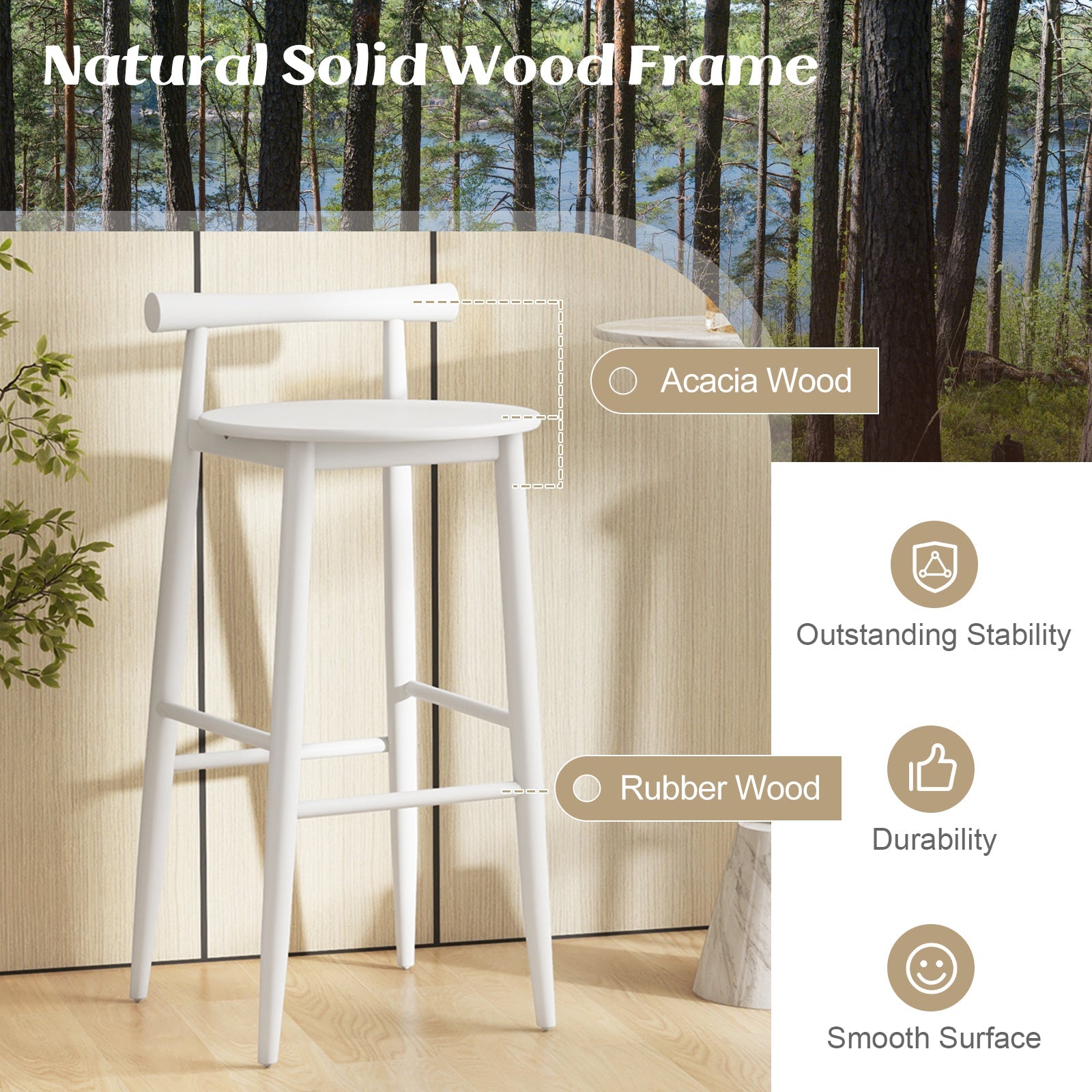 Wooden Bar Chair Set of 2 with Backrest and Footrest for Home Restaurant Cafe