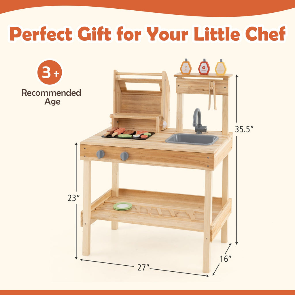 Wooden Barbecue Grill Playset with Play Food and Open Shelves-Natural