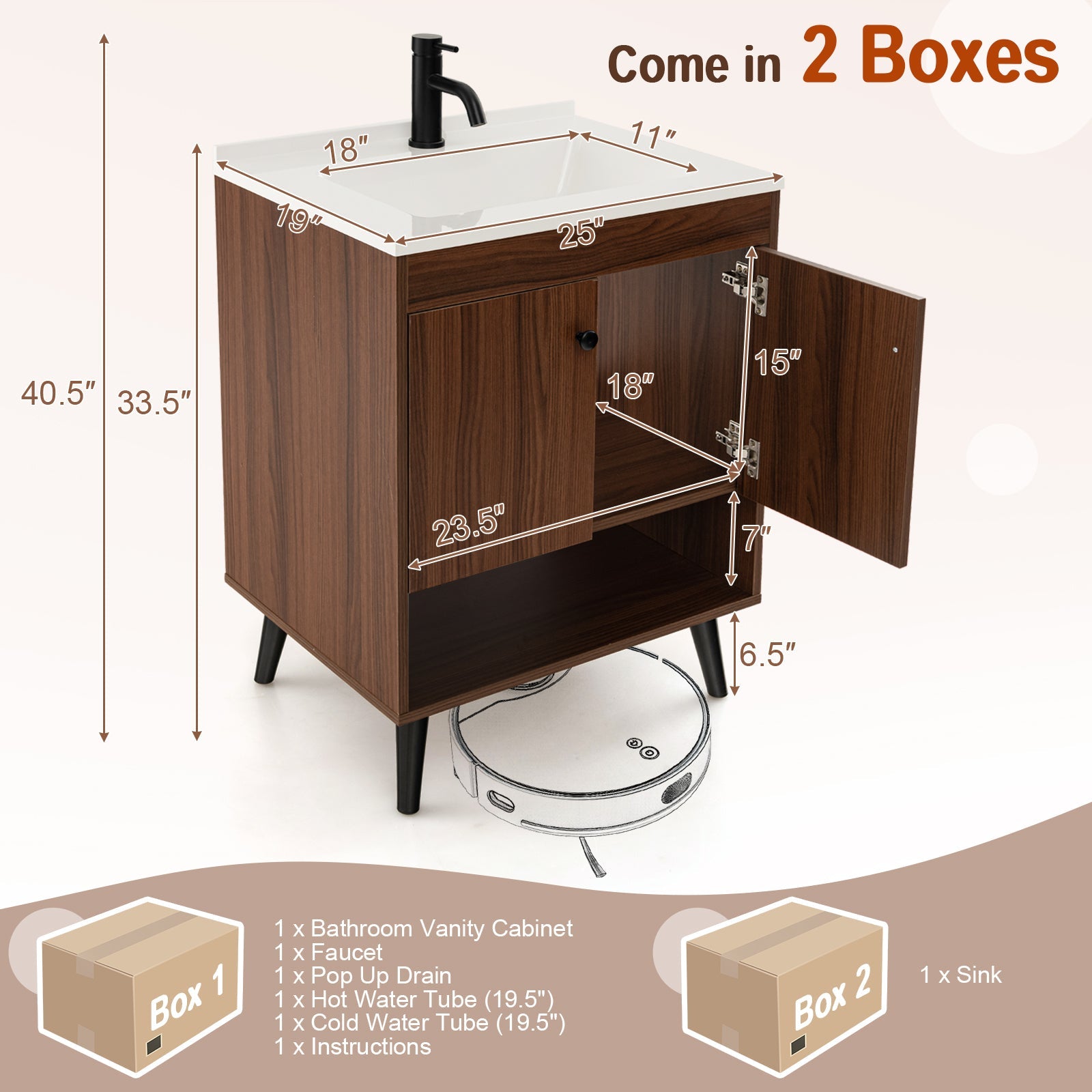 25 Inch Wooden Bathroom Storage Cabinet with Sink-Walnut