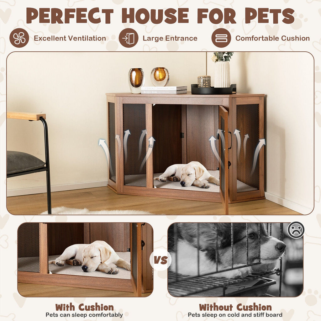 Corner Dog Kennel with Mesh Door and Cushion-Brown