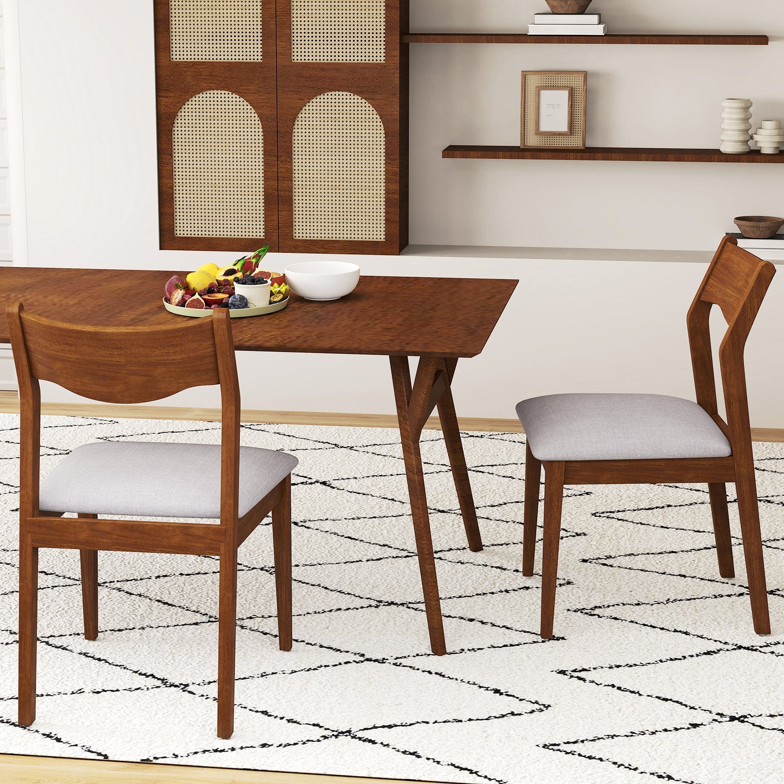 Wooden Dining Chair Set of 2 with Rubber Wood Frame and Wide Padded Seat-Walnut
