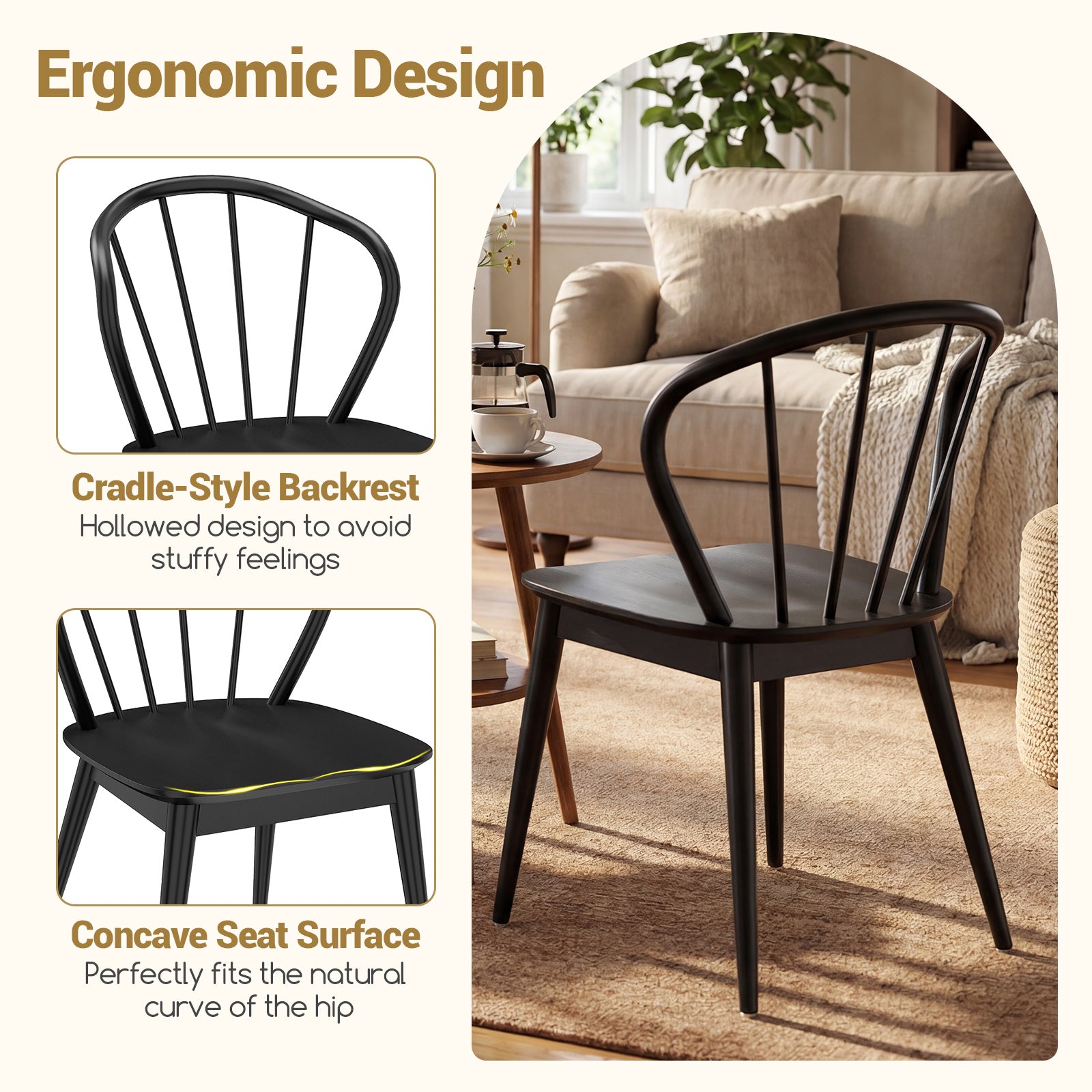 Wooden Dining Chair Set of 2 with High Spindle Back and Wide Seat