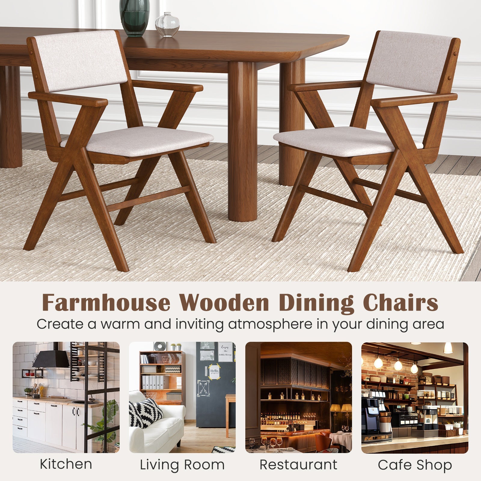 Wooden Dining Chair with Rubber Wood Frame Set of 2-Walnut