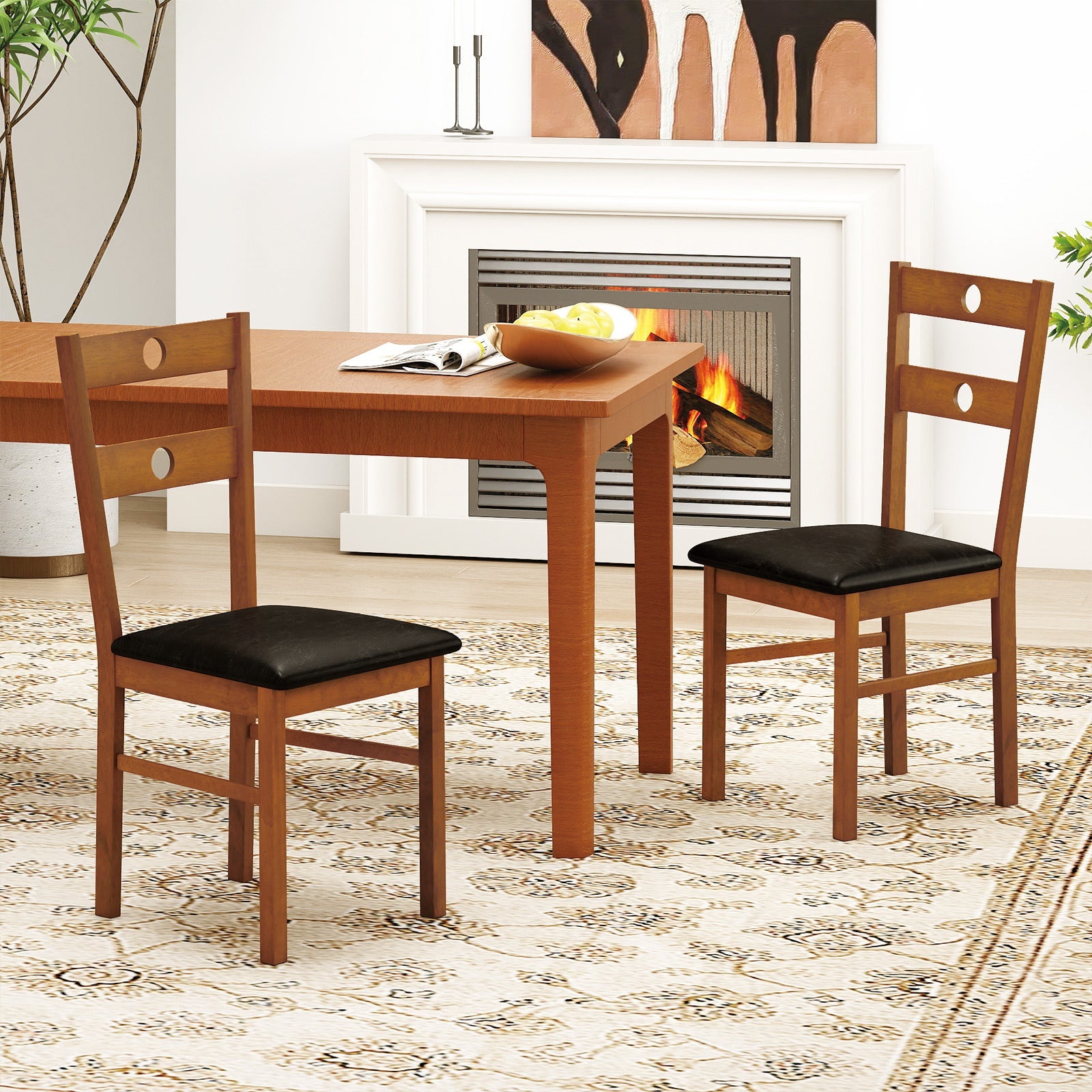 Wooden Dining Chairs Set of 4 Armless Kitchen Chairs with Hollowed Backrest