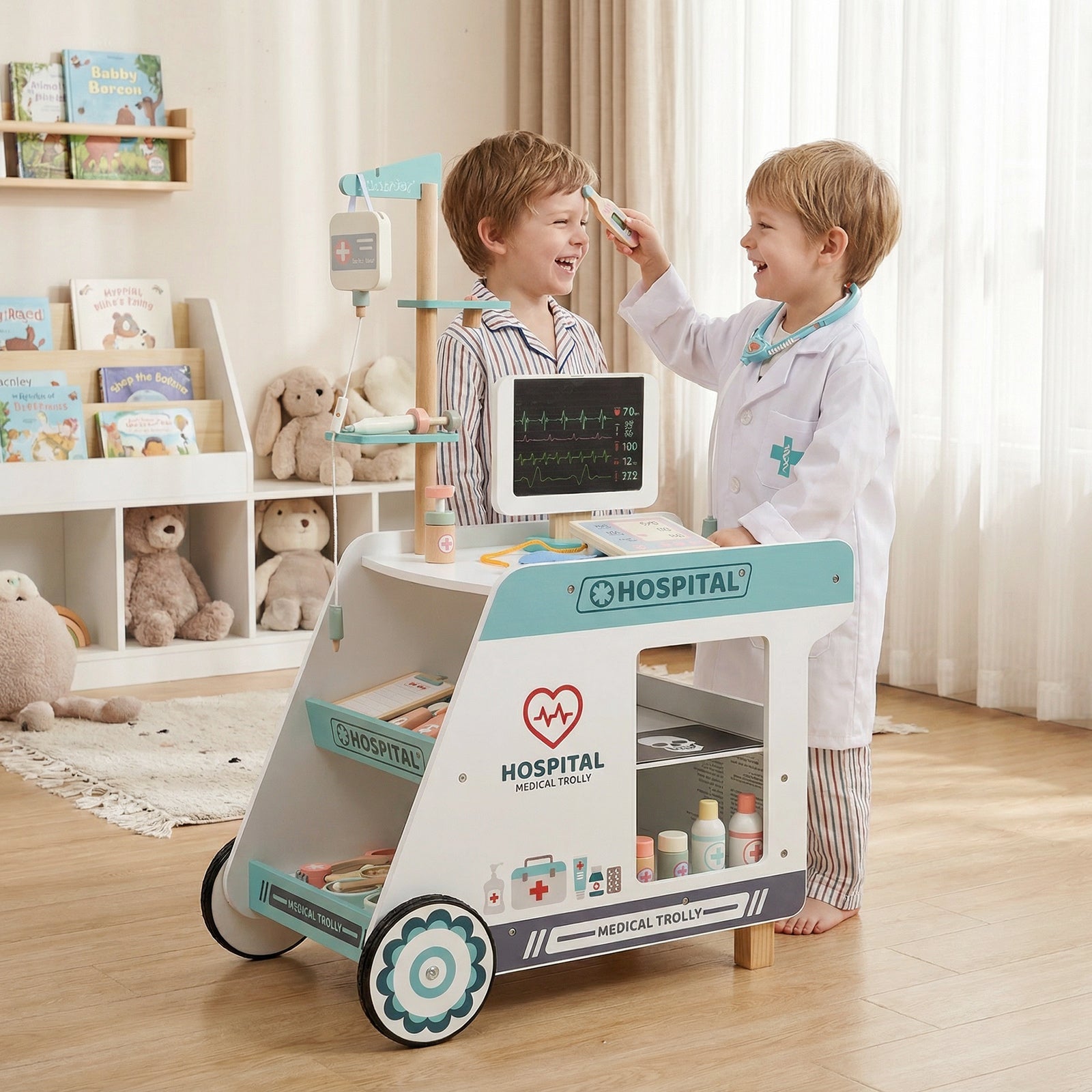 Wooden Doctor Playset for Kids Pretend Play Doctor Kit with Cart Gift for Toddlers Boys Girls Aged 3+