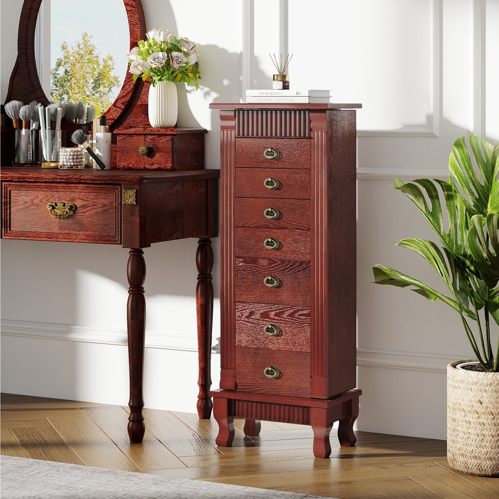 Wooden Jewelry Armoire Cabinet Storage Chest with Drawers and Swing Doors