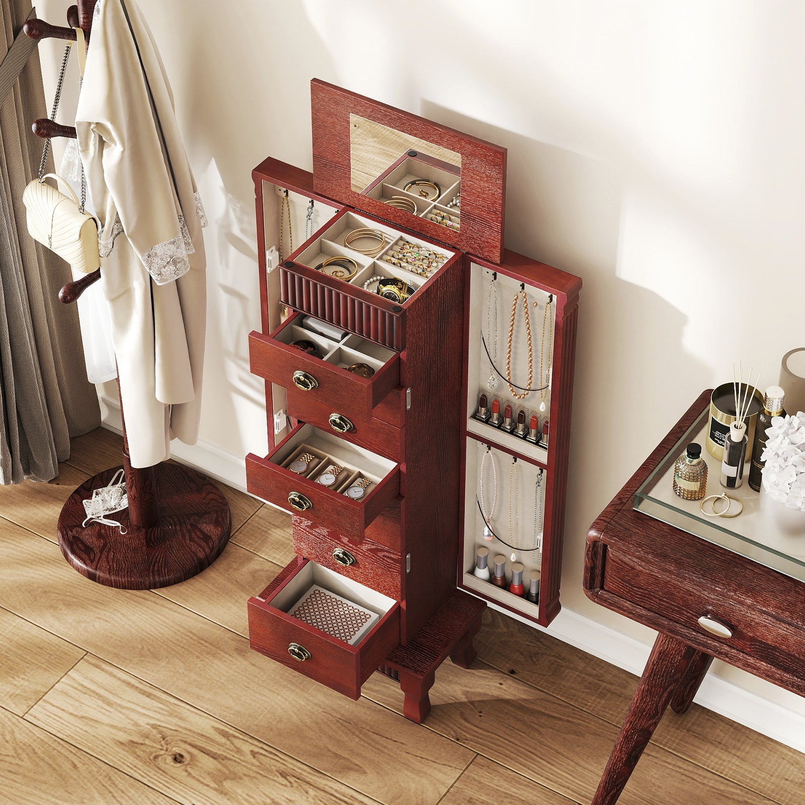Wooden Jewelry Armoire Cabinet Storage Chest with Drawers and Swing Doors