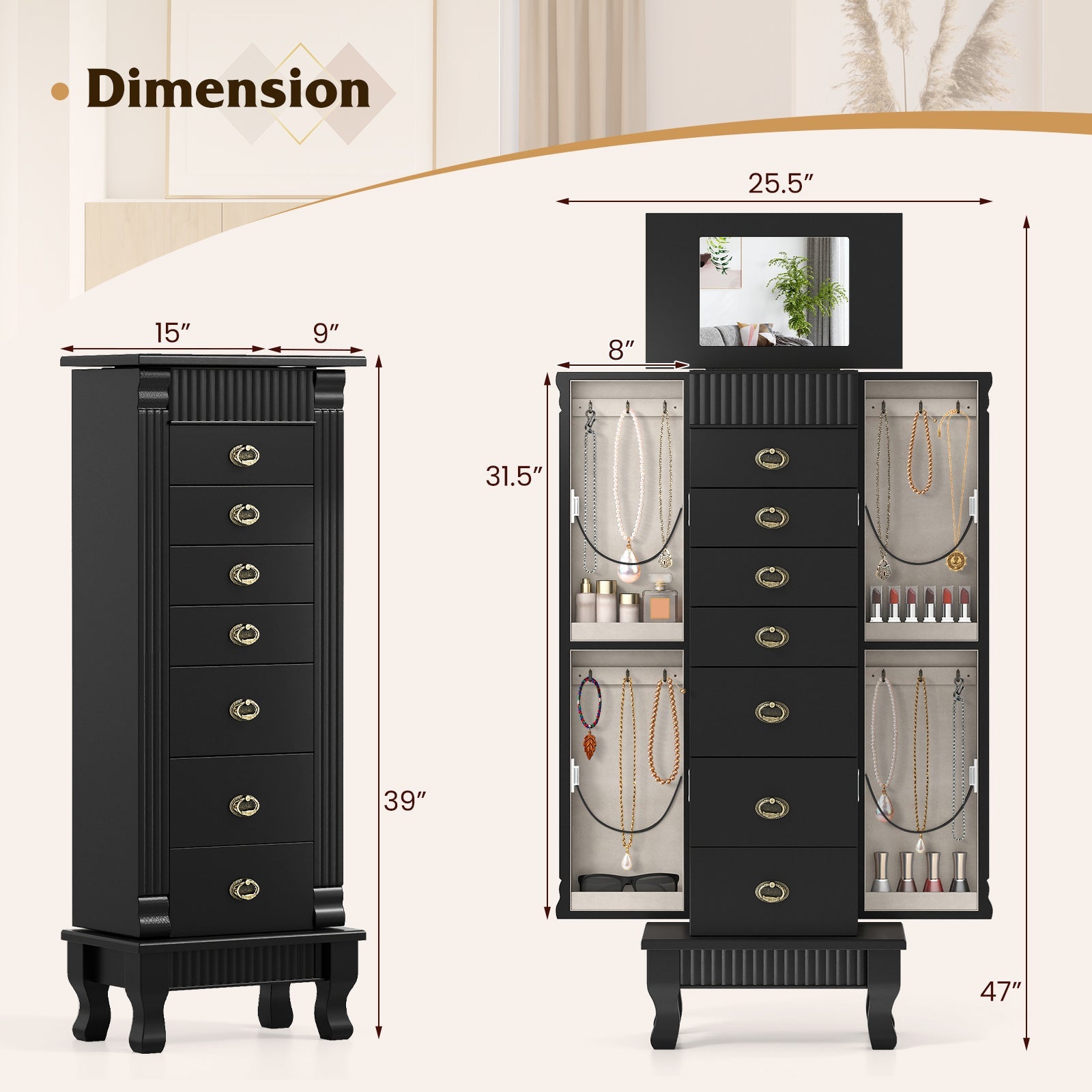 Wooden Jewelry Armoire Cabinet Storage Chest with Drawers and Swing Doors
