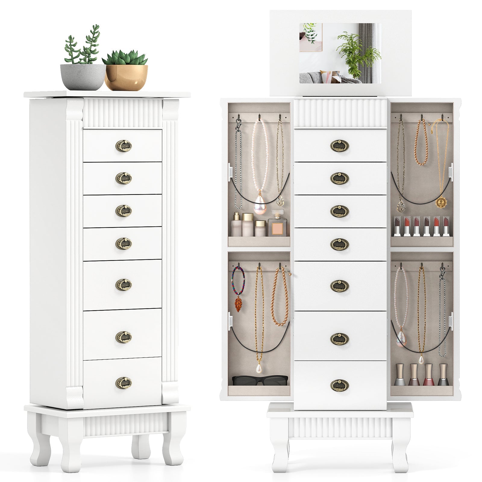 Wooden Jewelry Armoire Cabinet Storage Chest with Drawers and Swing Doors