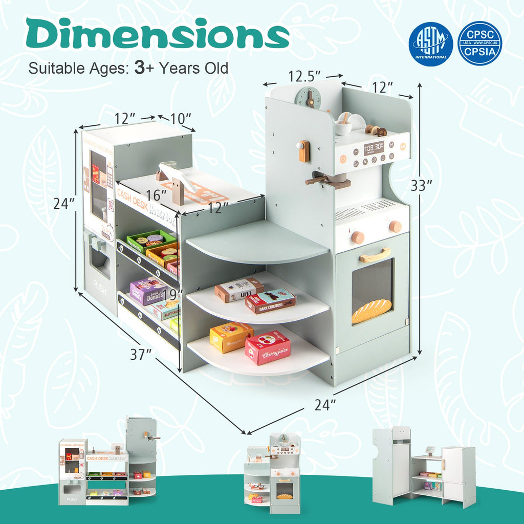 Wooden Kids Grocery Store Playset Pretend Play Supermarket-Green