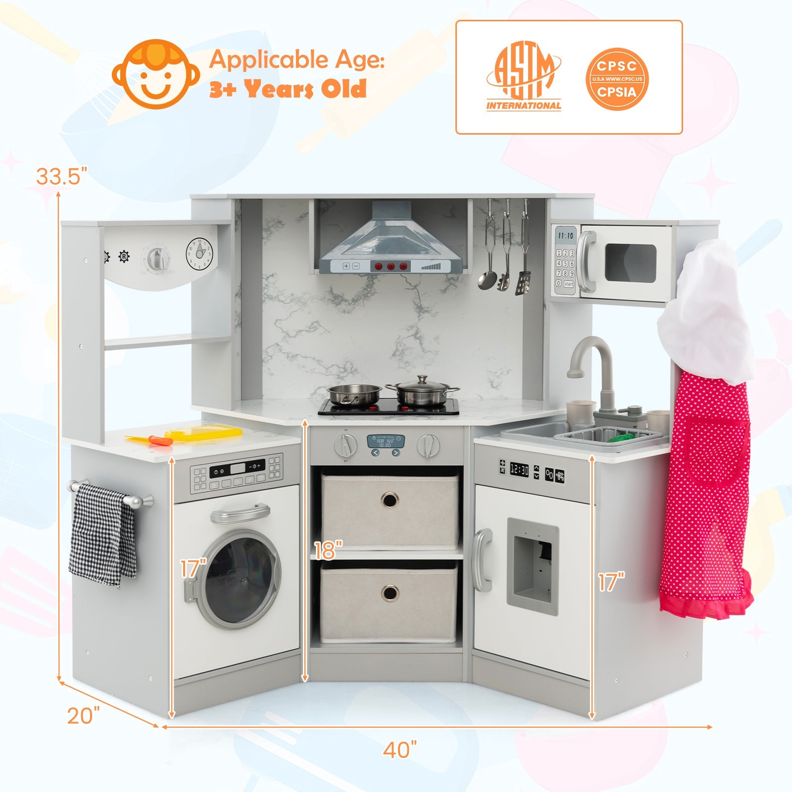 Wooden Kids Play Kitchen Playset with Realistic Lights and Sounds