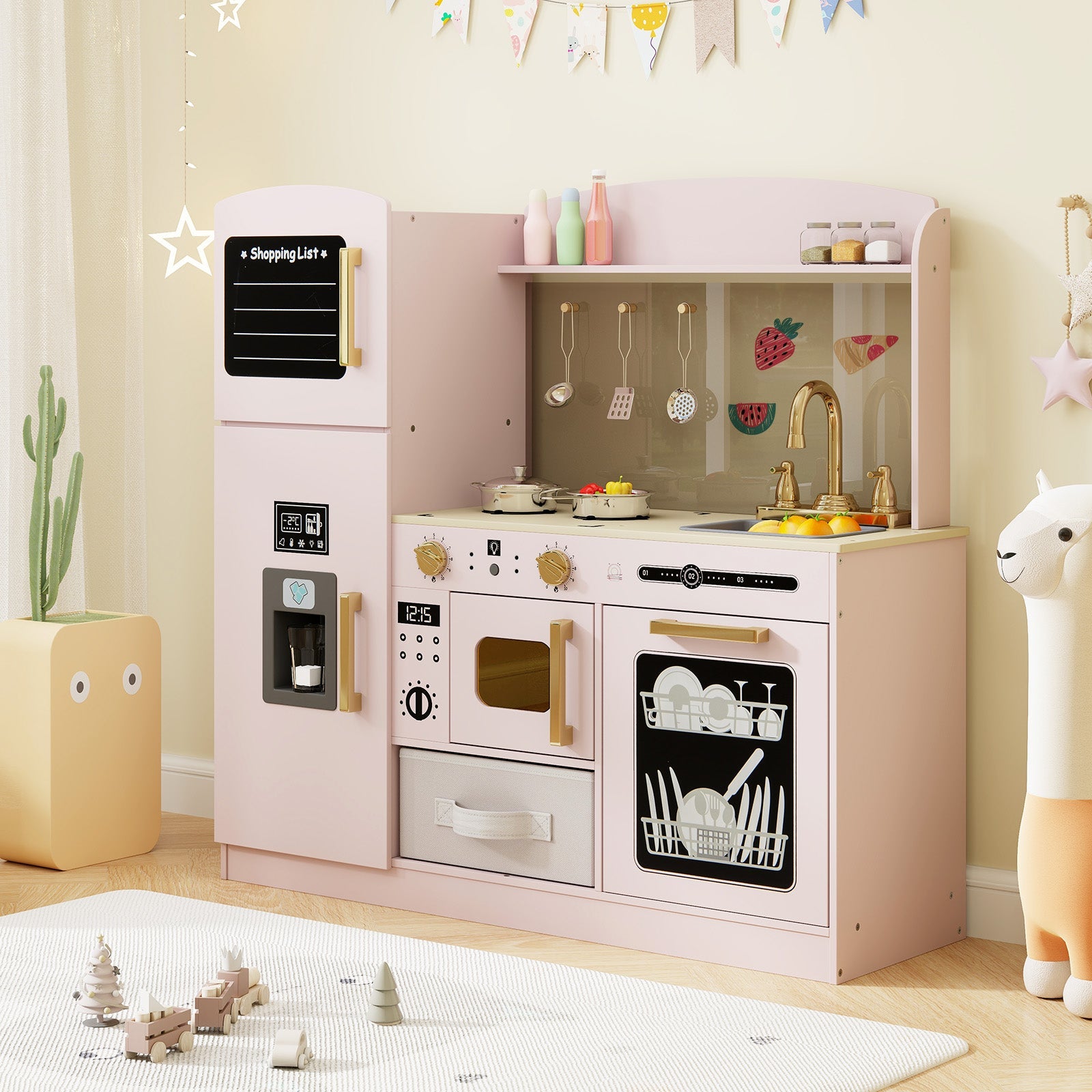 Wooden Kids Kitchen Playset with Chalkboard Ice Maker Sink Lighted Microwave