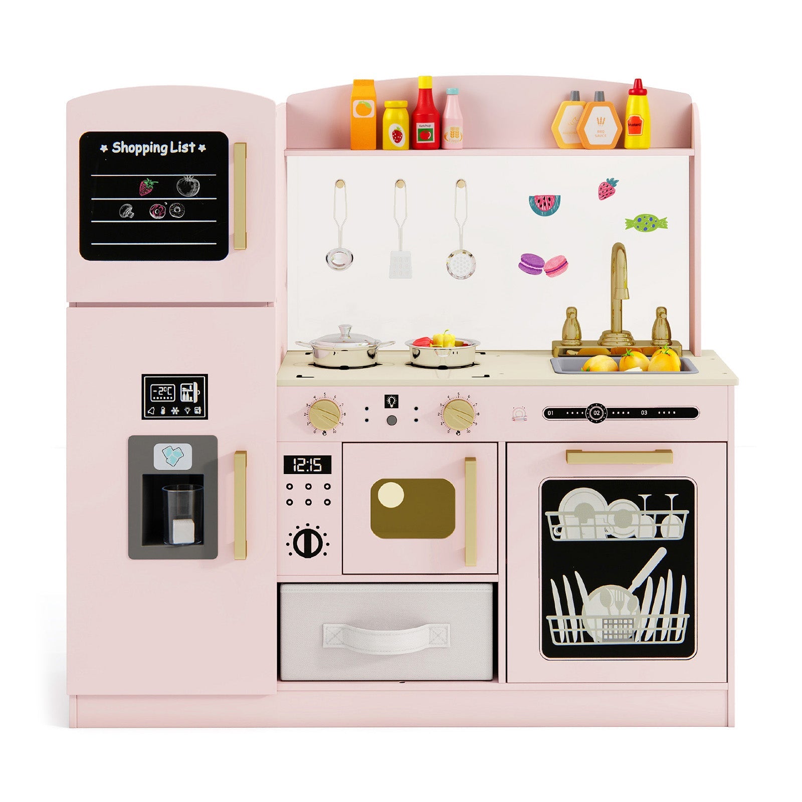 Wooden Kids Kitchen Playset with Chalkboard Ice Maker Sink Lighted Microwave