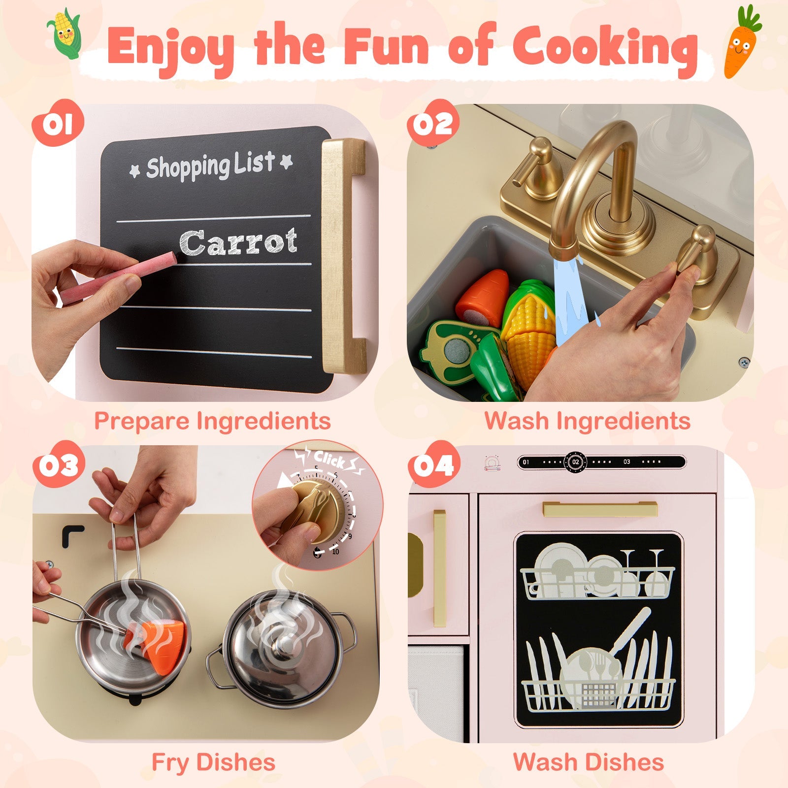 Wooden Kids Kitchen Playset with Chalkboard Ice Maker Sink Lighted Microwave