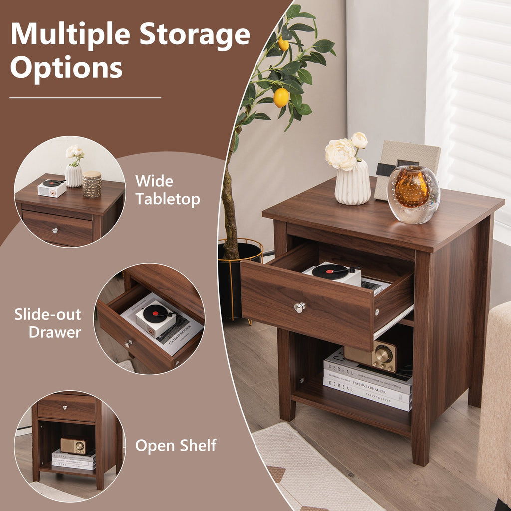 Wooden Nightstand with Slide-out Drawer and Open Shelf