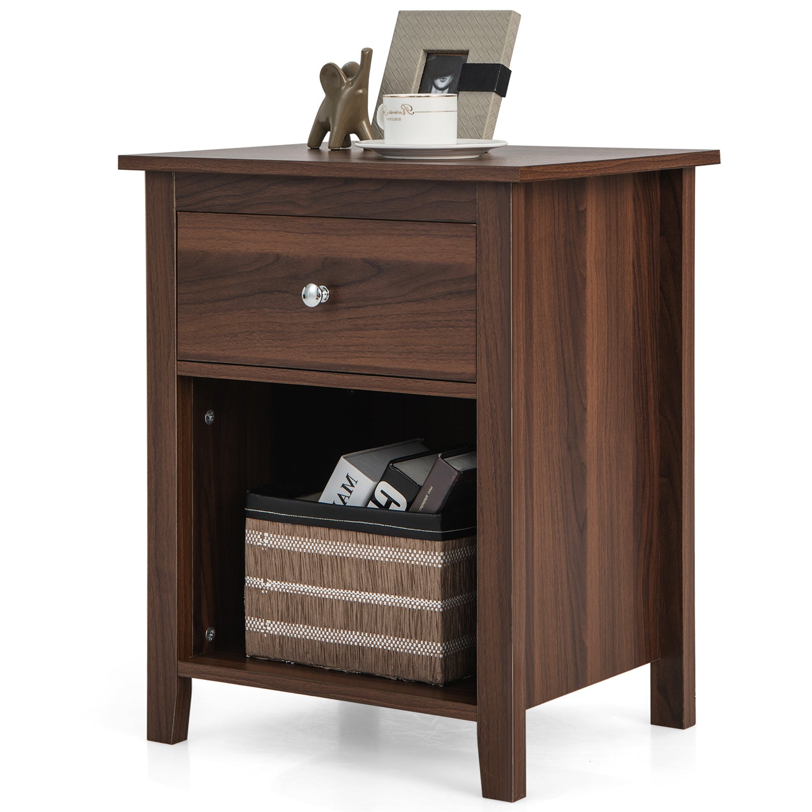 Wooden Nightstand with Slide-out Drawer and Open Shelf