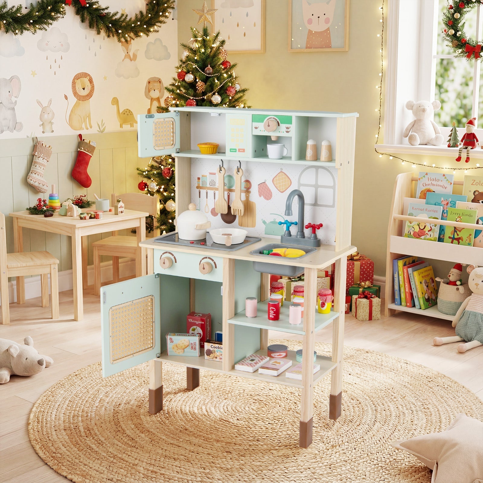 Wooden Play Kitchen for Kids with Lights and Sounds Retro Style With Accessories-Green