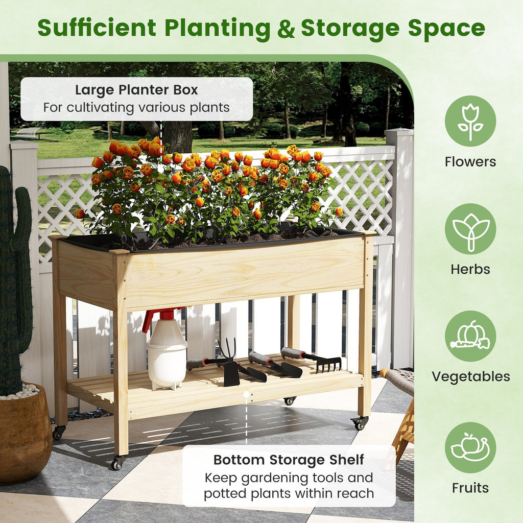 Wooden Raised Garden Bed with Legs and Lockable Wheels-Natural