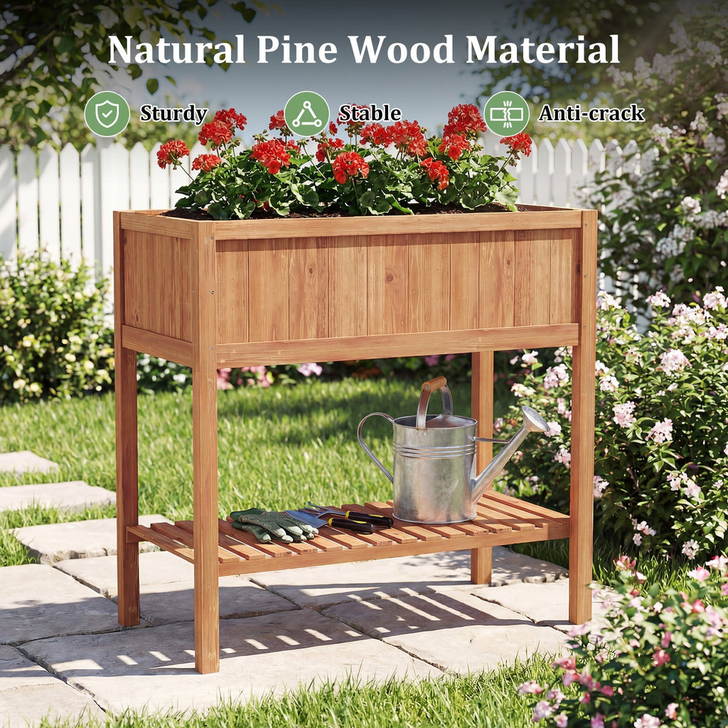 Wooden Raised Garden Bed with Storage Shelf and 220 LBS Capacity-Orange