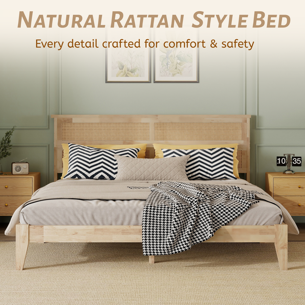 King Size Solid Wood Bed with Rattan Headboard, Rubber Wood Bed with Central
