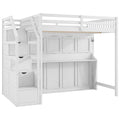 Full Long Loft Bed With Storage Staircase, Murphy Bed, LED Light - White