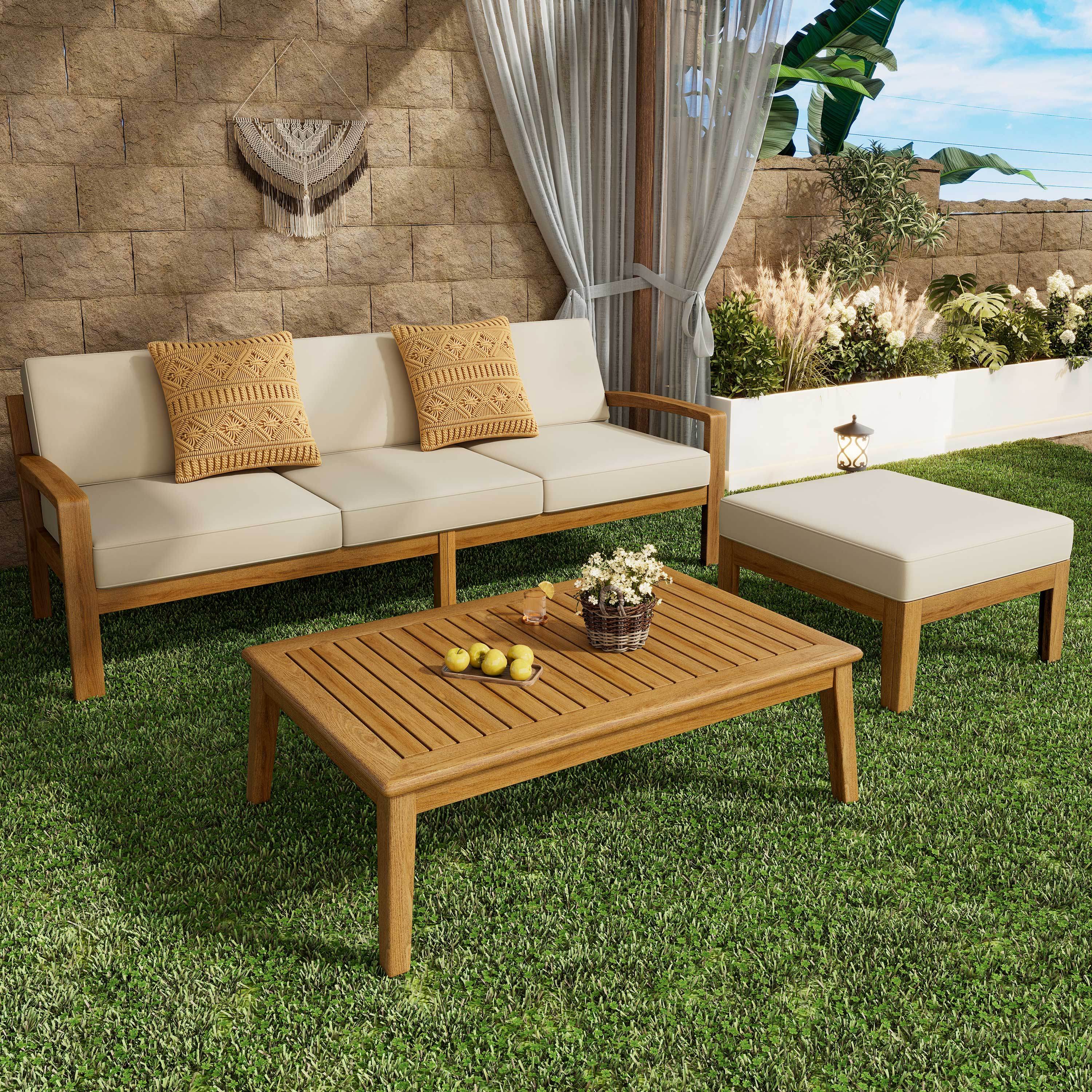 Outdoor Patio Set L-Shape Acacia Wood Teak Beige Cushions 3 Piece
