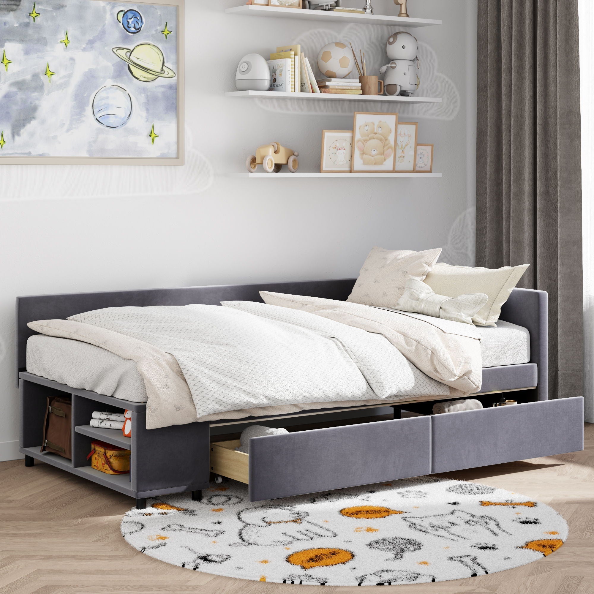 L Shaped Upholstered Platform Bed With Storage And Drawers