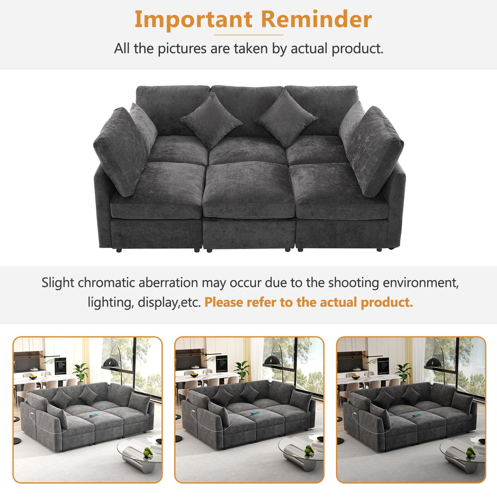 Sectional Sofa U-Shape Modular Chenille Black 5-Seat USB Ports 86.6x61.4 In