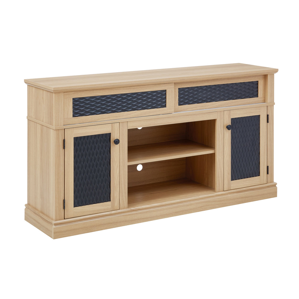 TV Stand Farmhouse Light Oak MDF Embossed Doors 3-Shelf Fits 65 In TV 58.27 In