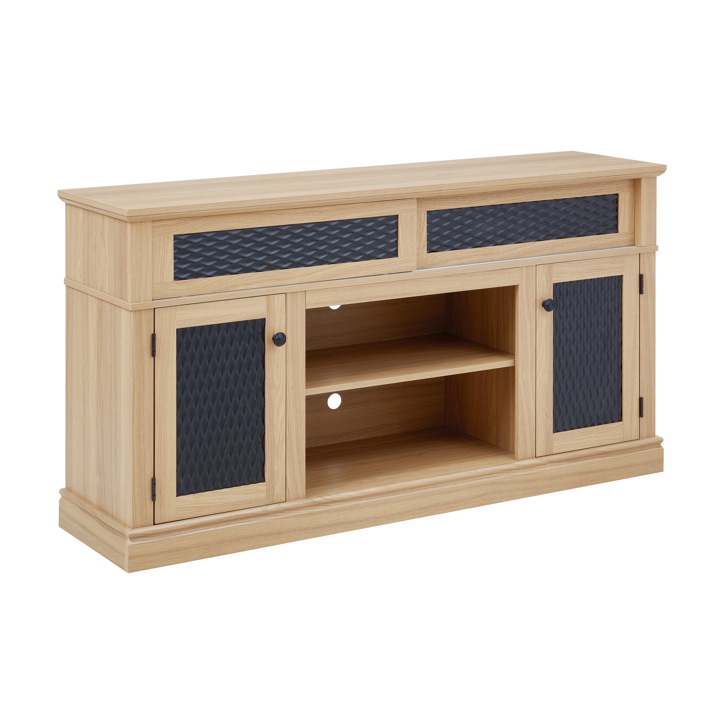 TV Stand Farmhouse Light Oak MDF Embossed Doors 3-Shelf Fits 65 In TV 58.27 In