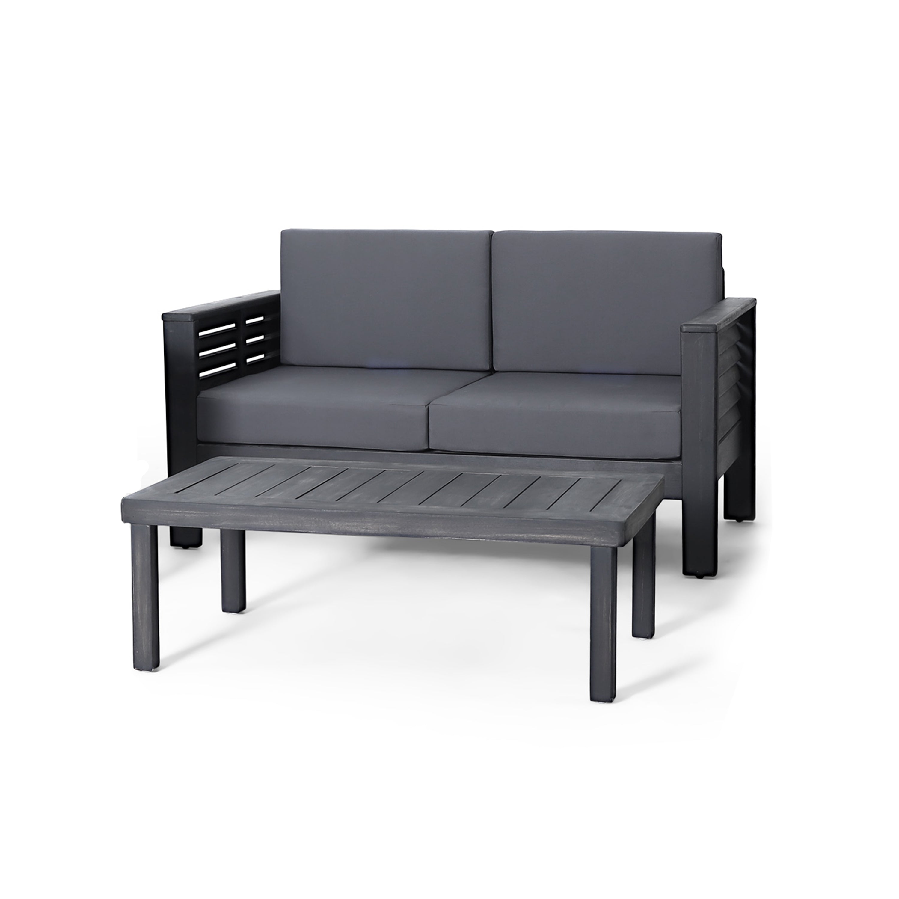 Outdoor Patio Set Acacia Wood Gray 2 Piece Loveseat Coffee Table Cushions