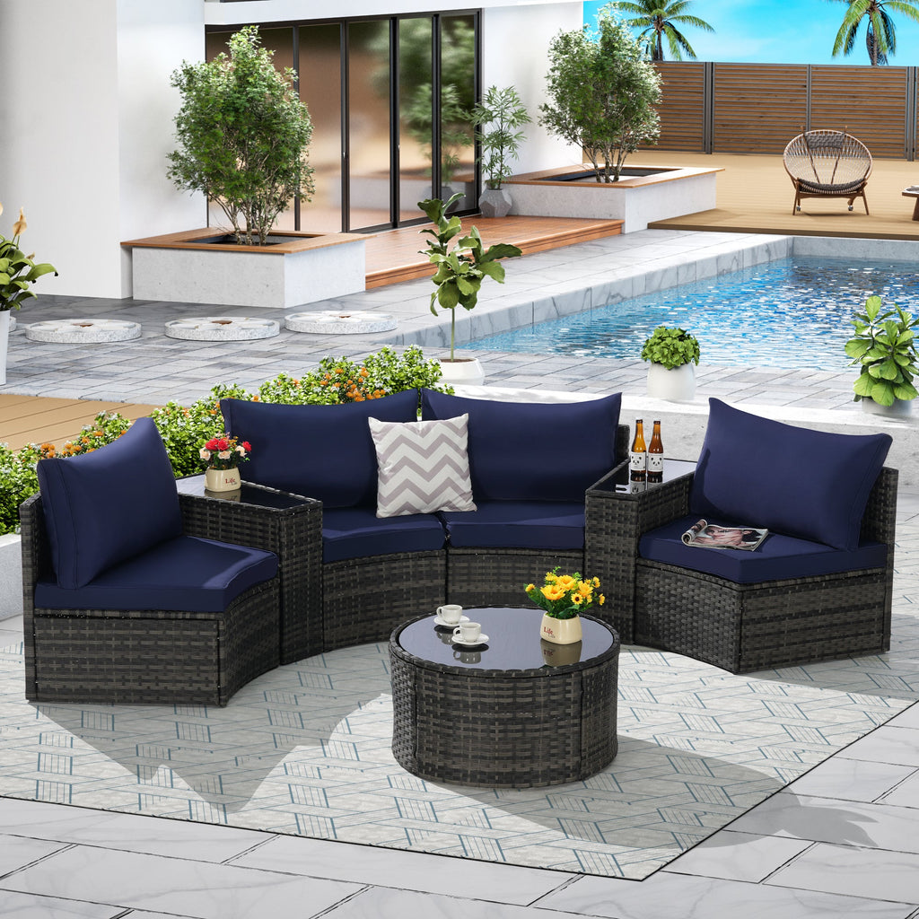Outdoor Sectional Set PE Rattan Steel Dark Blue Half Moon 7 Piece 380 LB