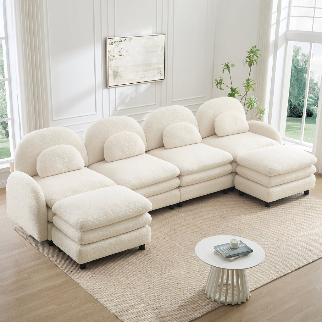 Sectional Sofa Modular Teddy Fleece Beige 4 Seat Curved Back with Ottomans