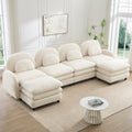 Sectional Sofa Modular Teddy Fleece Beige 4 Seat Curved Back with Ottomans