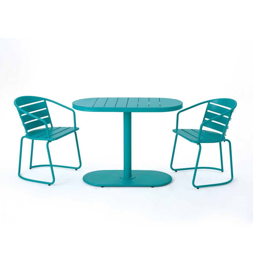 Outdoor Bistro Set Iron Teal 3 Piece Oval Table 2 Chairs Matte Finish