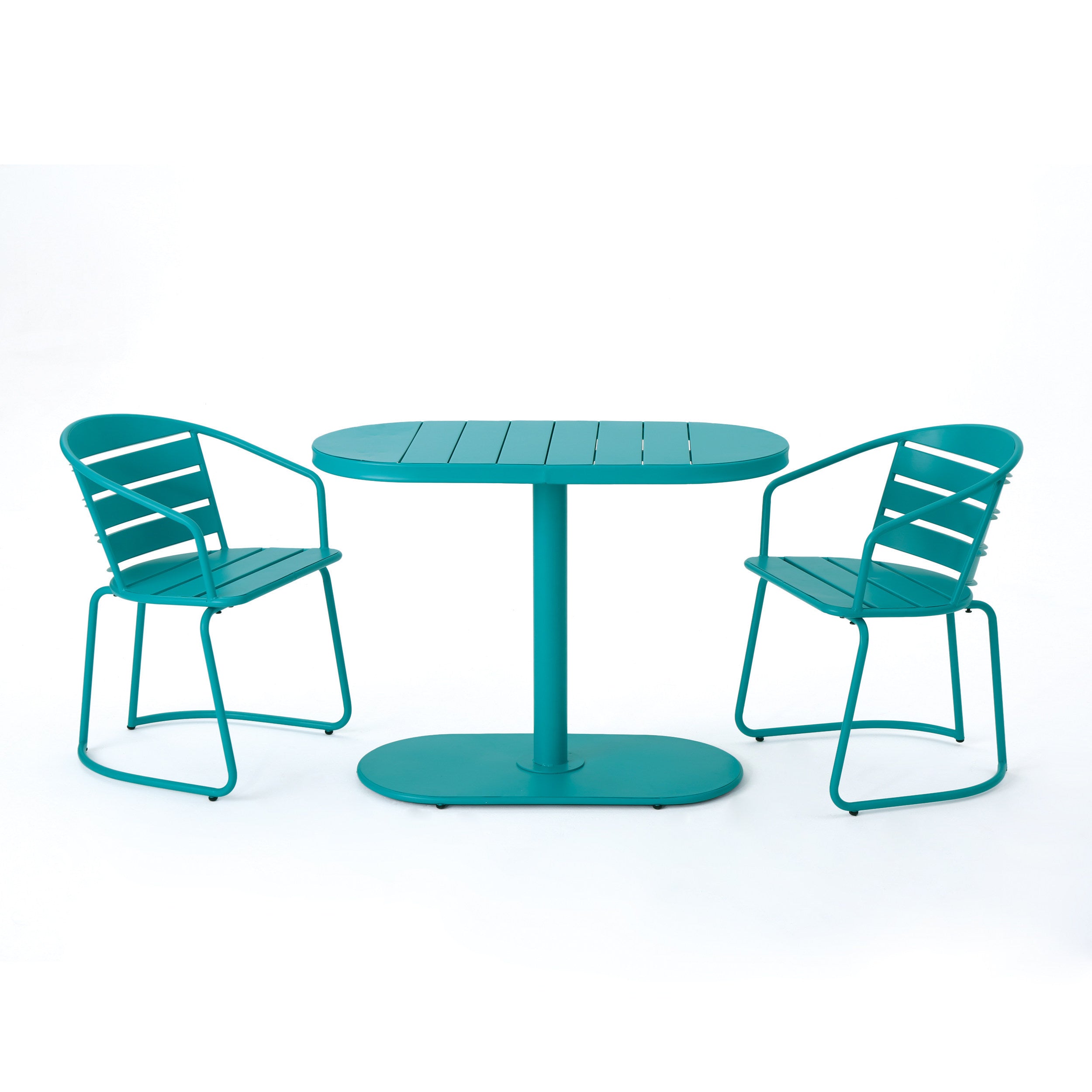 Outdoor Bistro Set Iron Teal 3 Piece Oval Table 2 Chairs Matte Finish