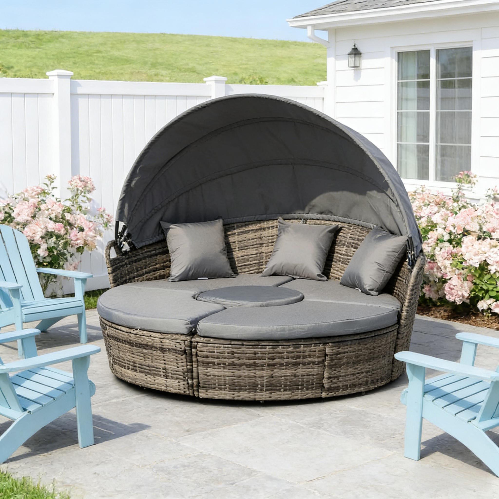 Outdoor Round Daybed Set PE Rattan Dark Gray 4 Piece Canopy 352 lb Cap