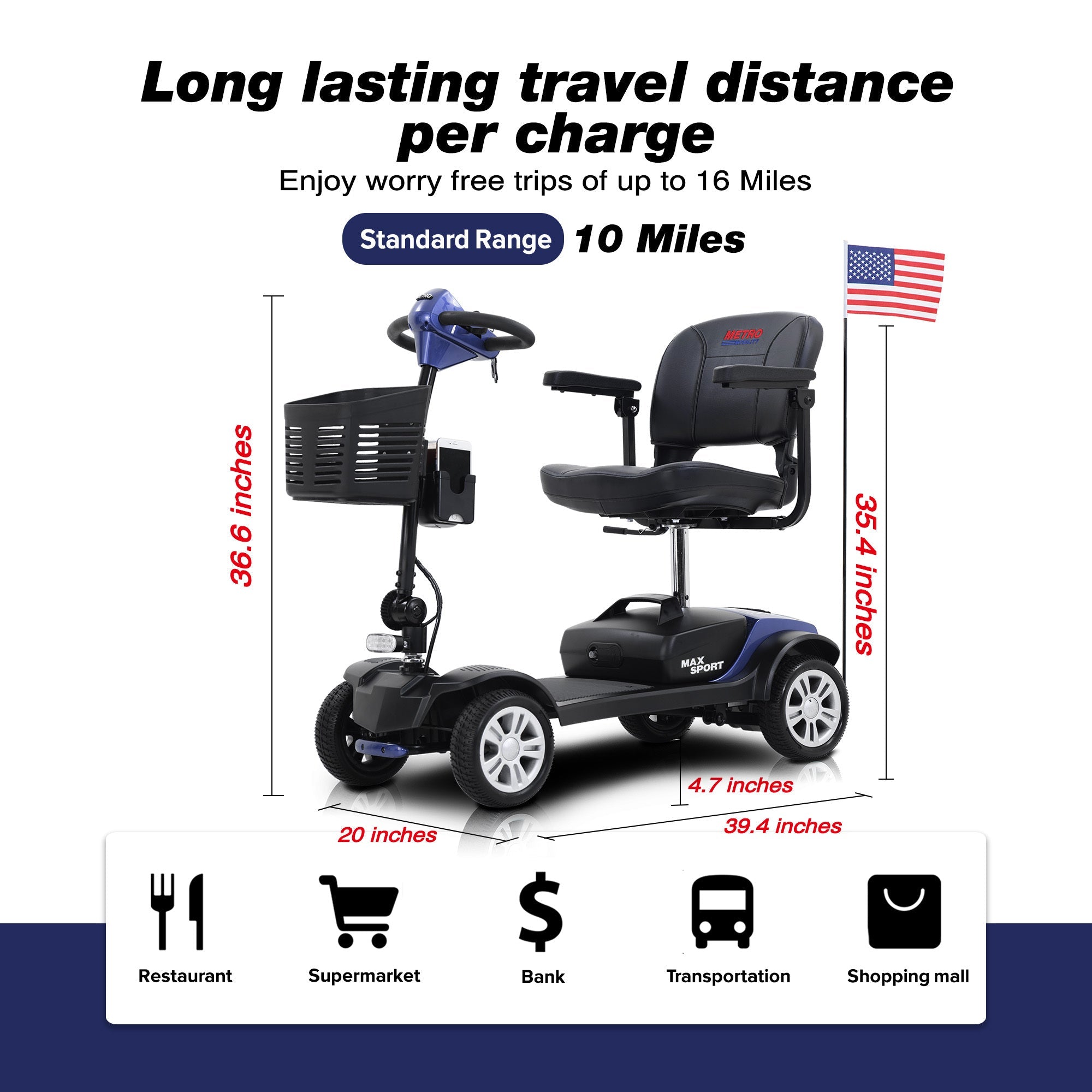 Mobility Scooter 4-Wheel Metal Blue 300 LB 10 Mile Basket Cup Holder 5 mph