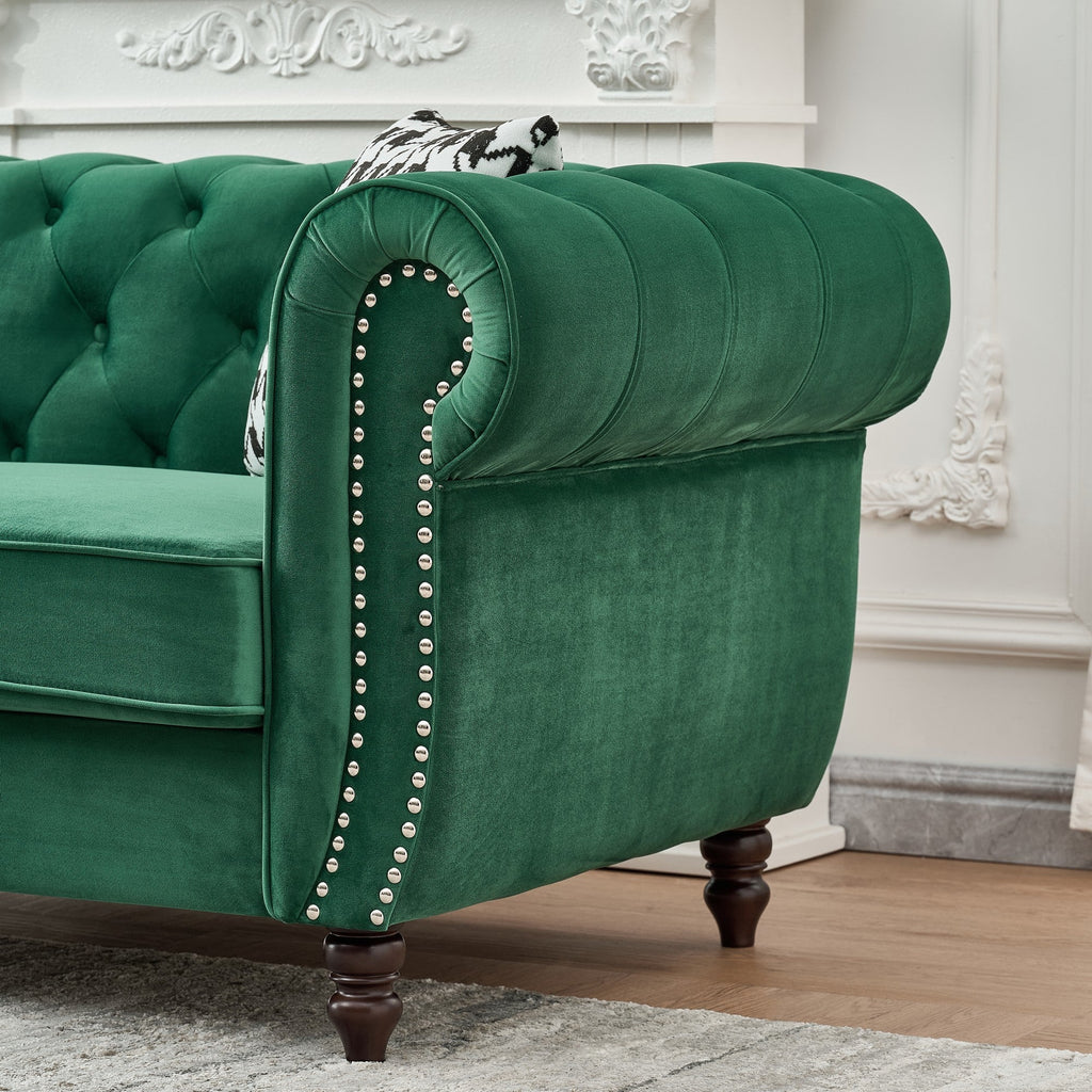 Loveseat Chesterfield Velvet Green Mid-Century Nailhead Rolled Arms 67 In