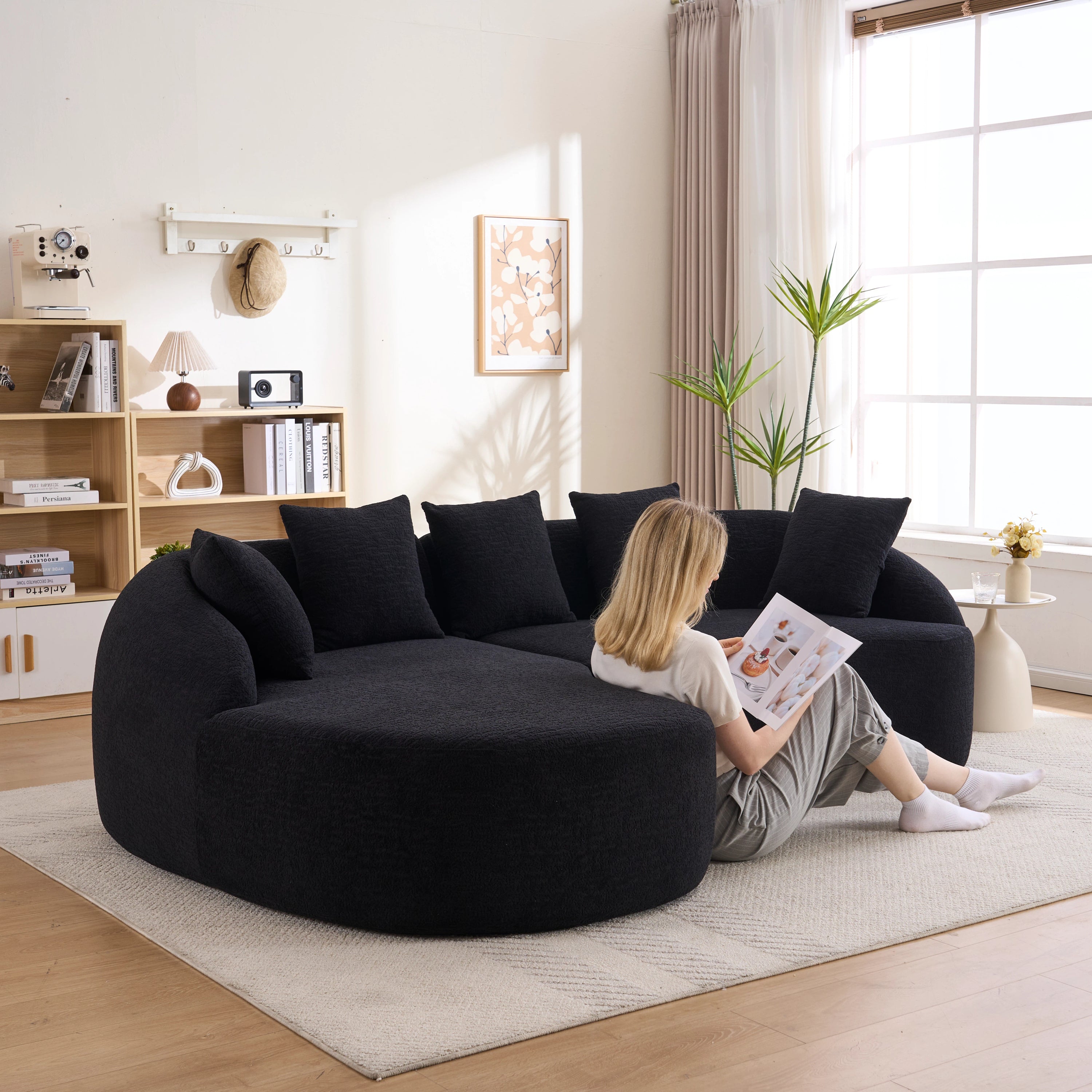 Sectional Sofa L-Shape Curved Chaise Chenille Black 5 Seat 106 In