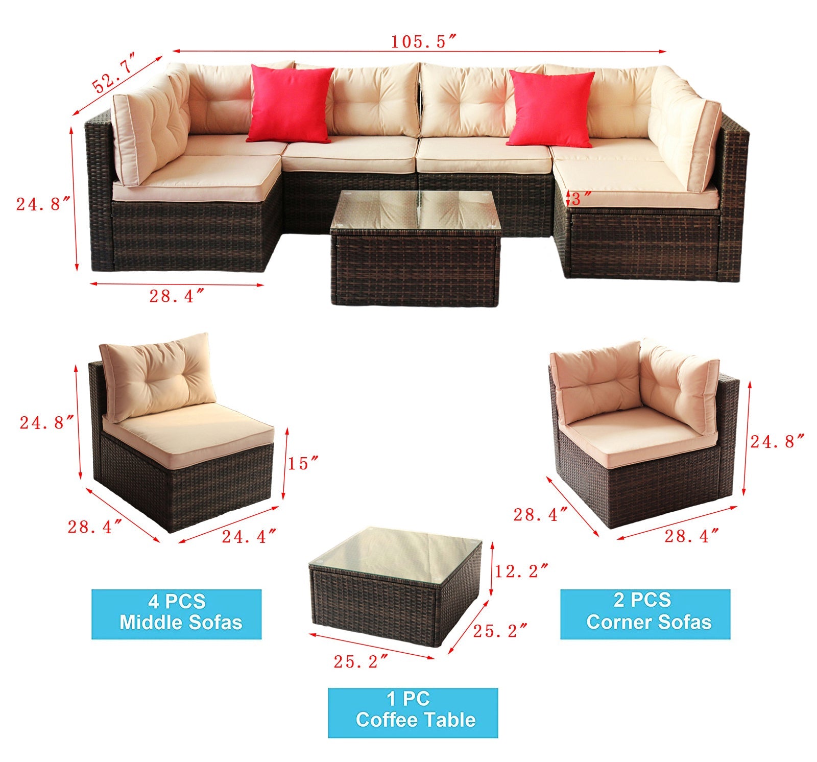 Outdoor Sectional Set PE Rattan 7 Piece Seats 6