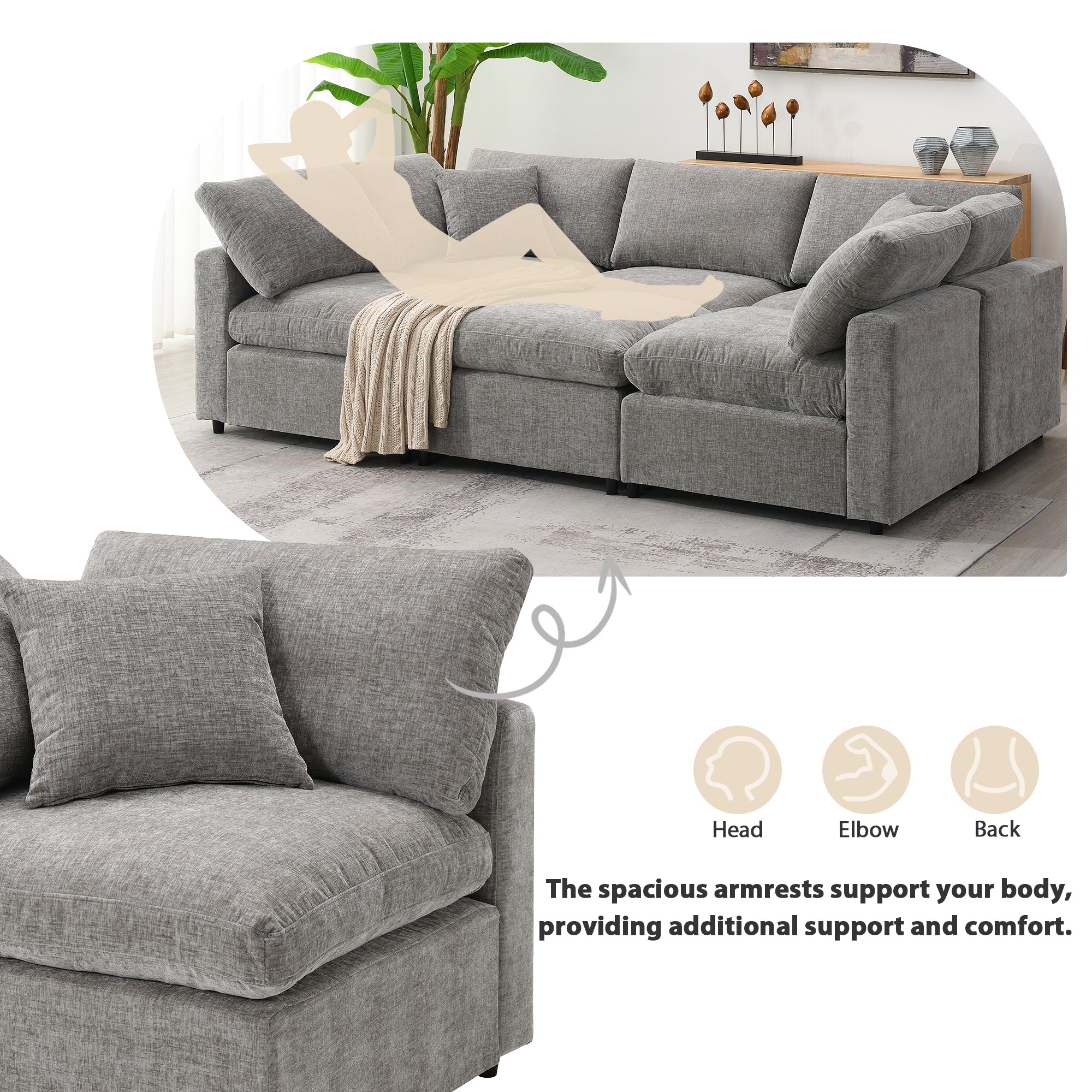 6-Seat U-Shape Modular Sofa with Ottoman, 130