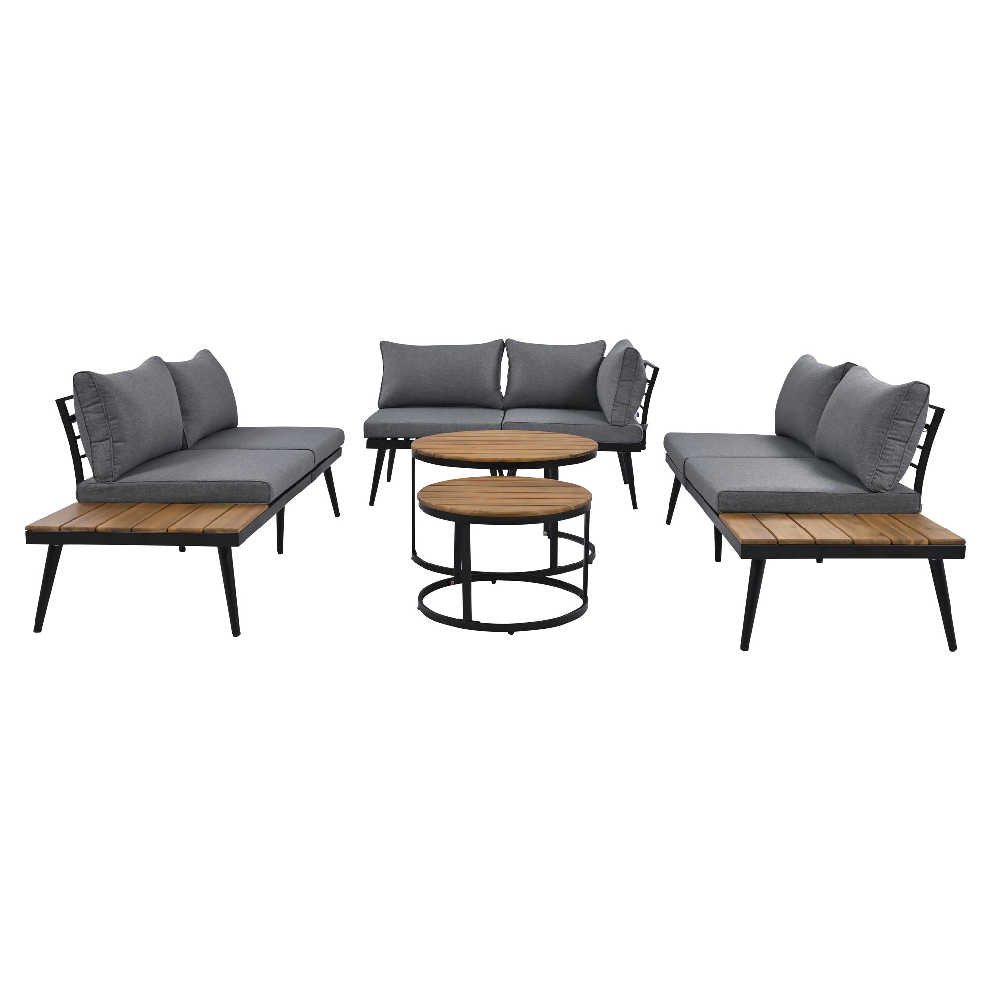 Outdoor Sectional Set Acacia Wood Steel Gray with Nesting Tables